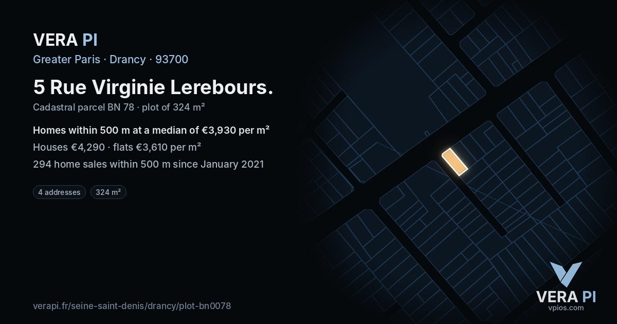 5 Rue Virginie Lerebours, Drancy at night – the plot lit, the parcels around coloured by the prices near them
