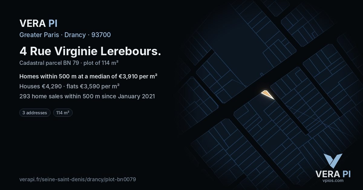 4 Rue Virginie Lerebours, Drancy at night – the plot lit, the parcels around coloured by the prices near them