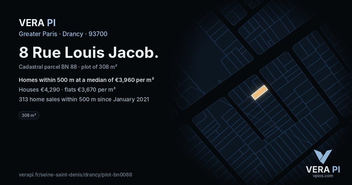 8 Rue Louis Jacob, Drancy at night – the plot lit, the parcels around coloured by the prices near them