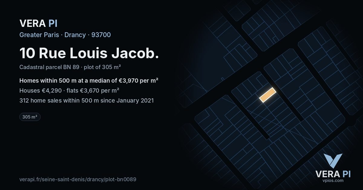 10 Rue Louis Jacob, Drancy at night – the plot lit, the parcels around coloured by the prices near them