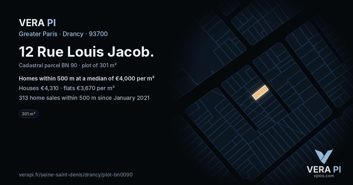 12 Rue Louis Jacob, Drancy at night – the plot lit, the parcels around coloured by the prices near them