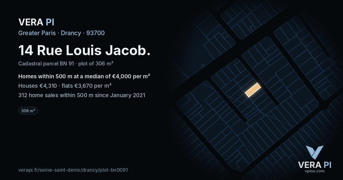 14 Rue Louis Jacob, Drancy at night – the plot lit, the parcels around coloured by the prices near them