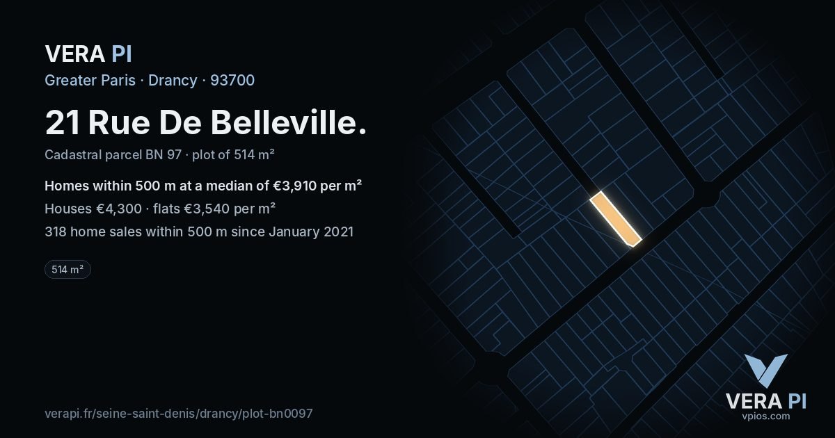 21 Rue De Belleville, Drancy at night – the plot lit, the parcels around coloured by the prices near them