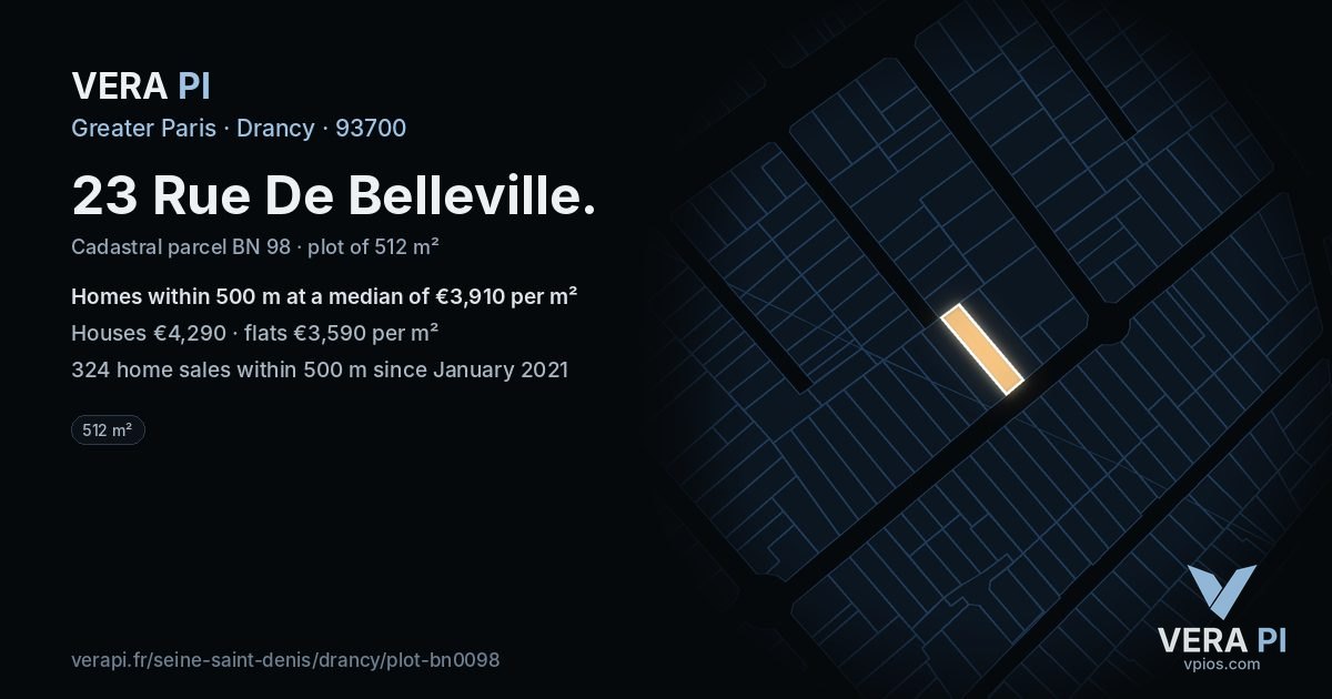 23 Rue De Belleville, Drancy at night – the plot lit, the parcels around coloured by the prices near them