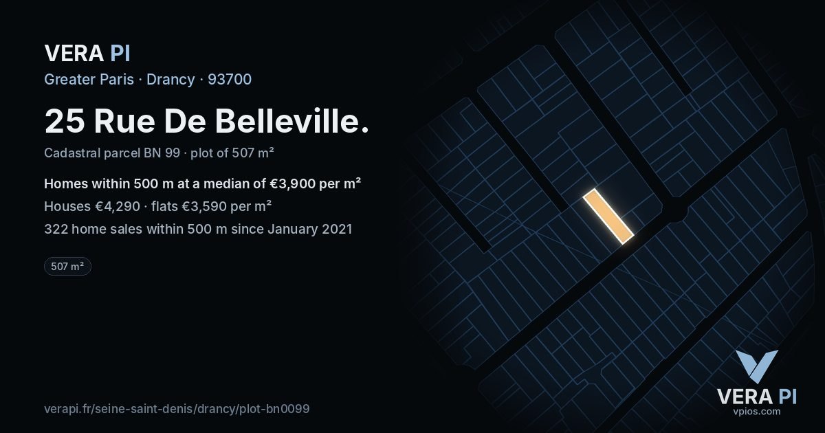 25 Rue De Belleville, Drancy at night – the plot lit, the parcels around coloured by the prices near them