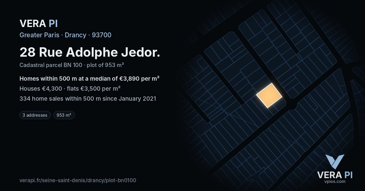 28 Rue Adolphe Jedor, Drancy at night – the plot lit, the parcels around coloured by the prices near them