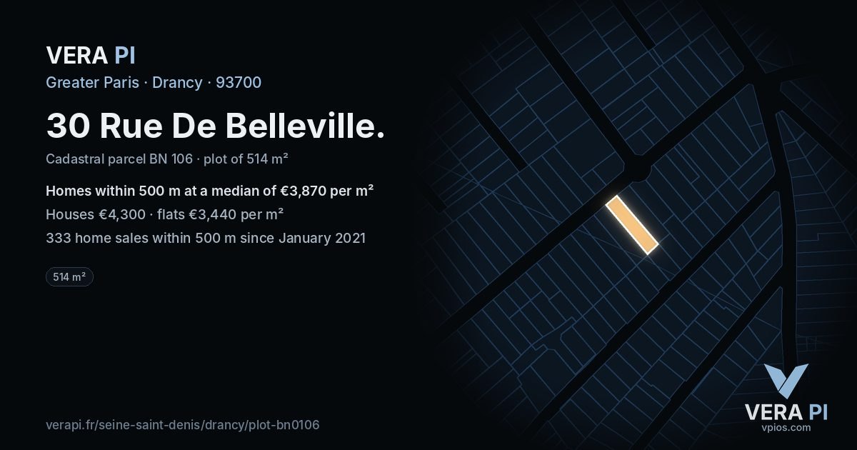 30 Rue De Belleville, Drancy at night – the plot lit, the parcels around coloured by the prices near them