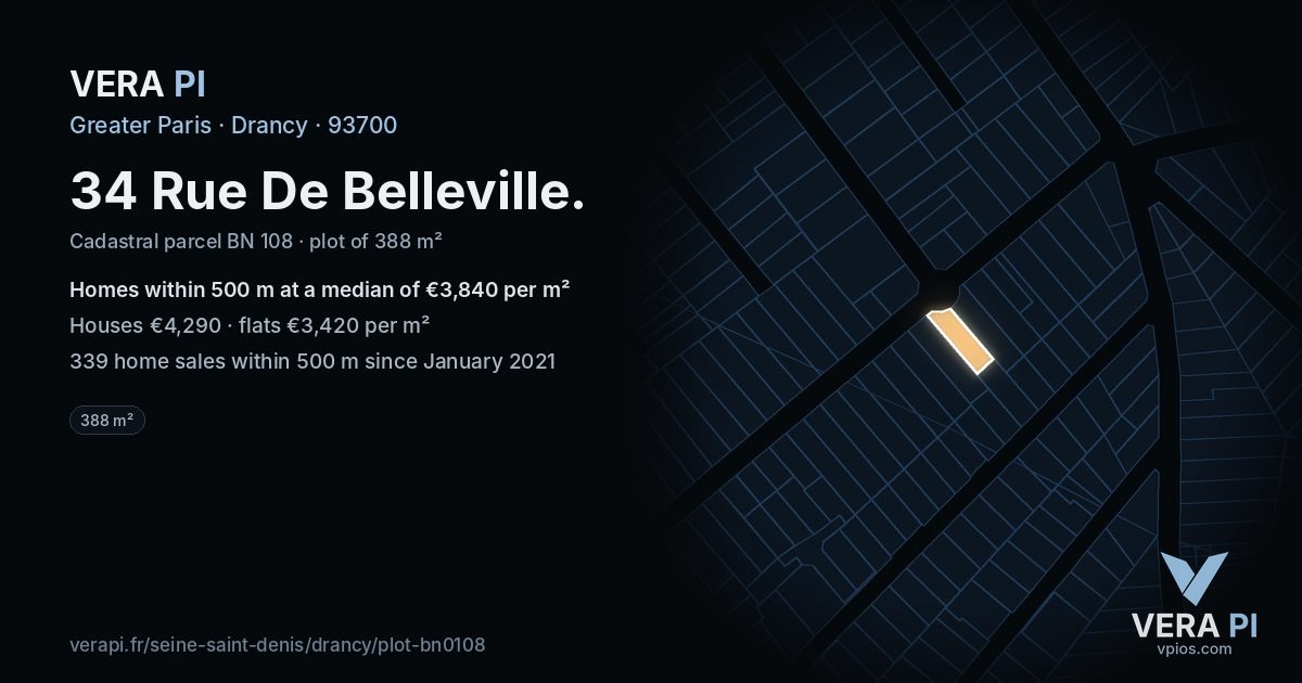 34 Rue De Belleville, Drancy at night – the plot lit, the parcels around coloured by the prices near them