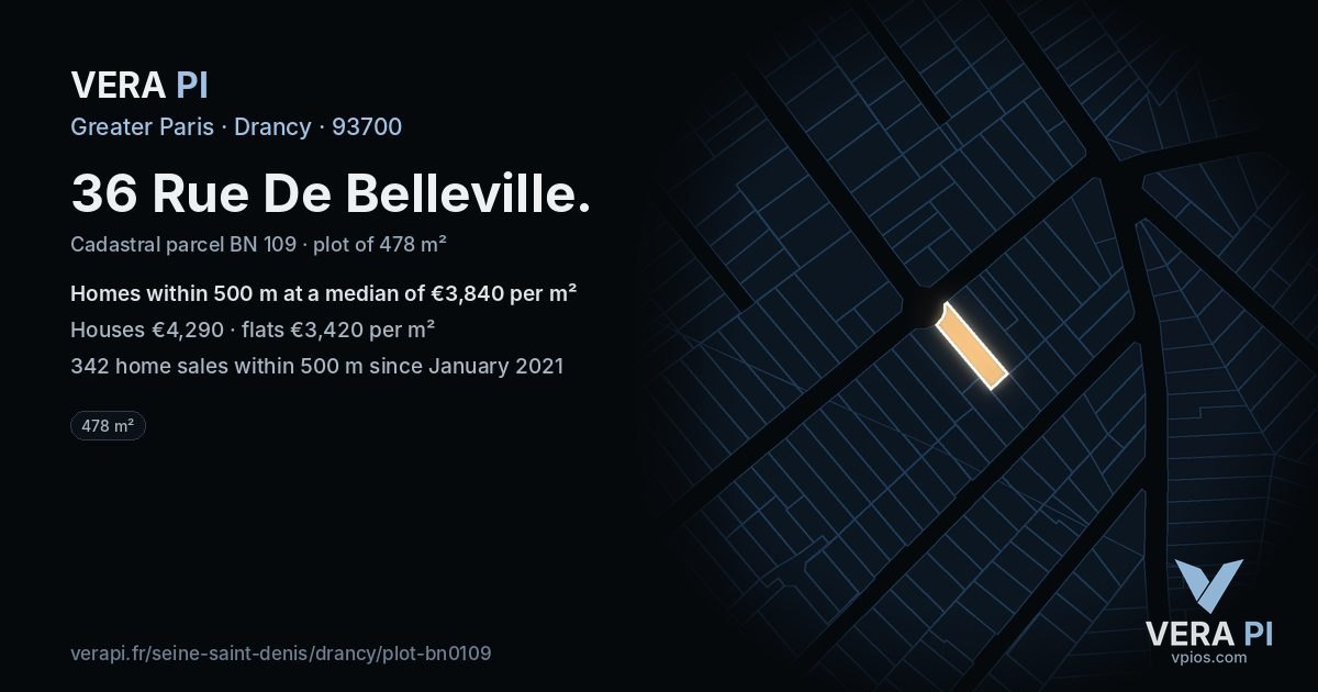 36 Rue De Belleville, Drancy at night – the plot lit, the parcels around coloured by the prices near them