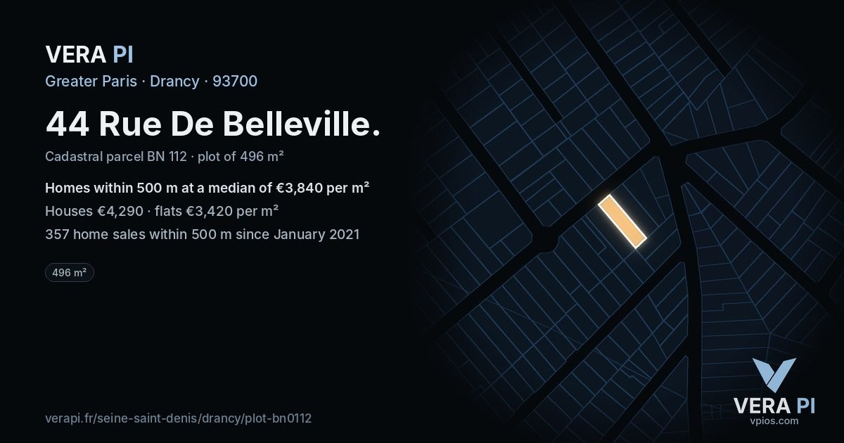 44 Rue De Belleville, Drancy at night – the plot lit, the parcels around coloured by the prices near them