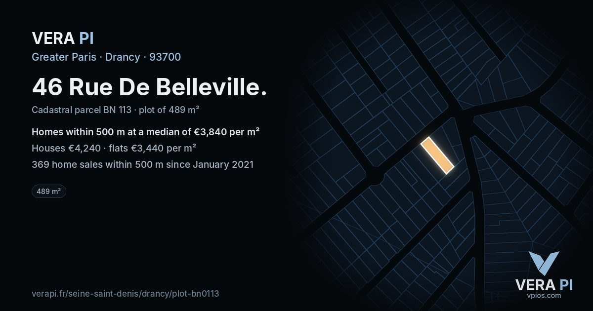 46 Rue De Belleville, Drancy at night – the plot lit, the parcels around coloured by the prices near them