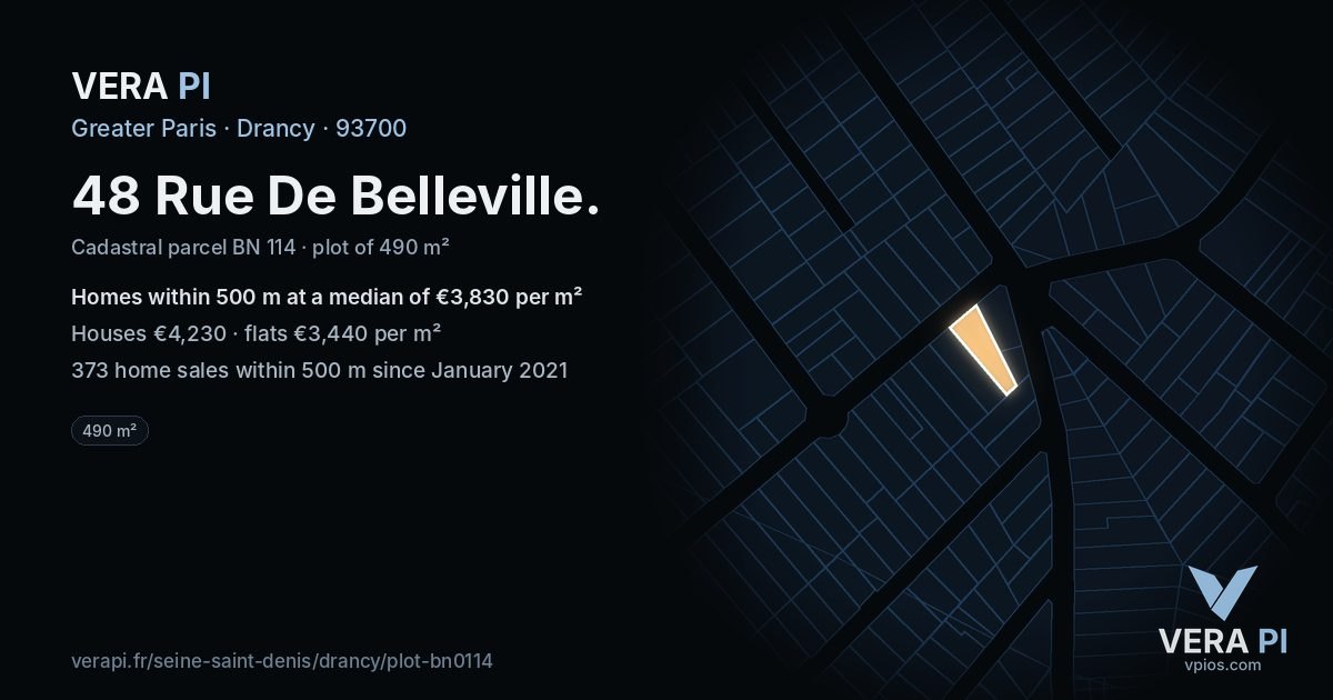 48 Rue De Belleville, Drancy at night – the plot lit, the parcels around coloured by the prices near them