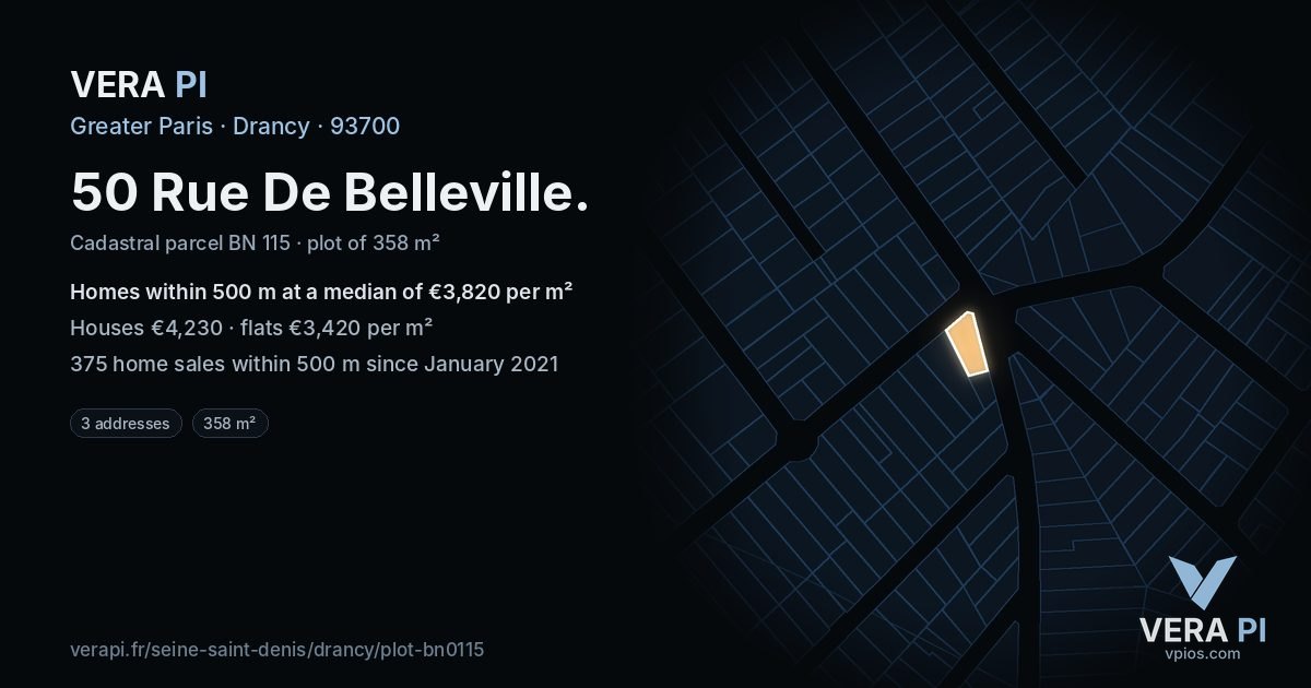 50 Rue De Belleville, Drancy at night – the plot lit, the parcels around coloured by the prices near them