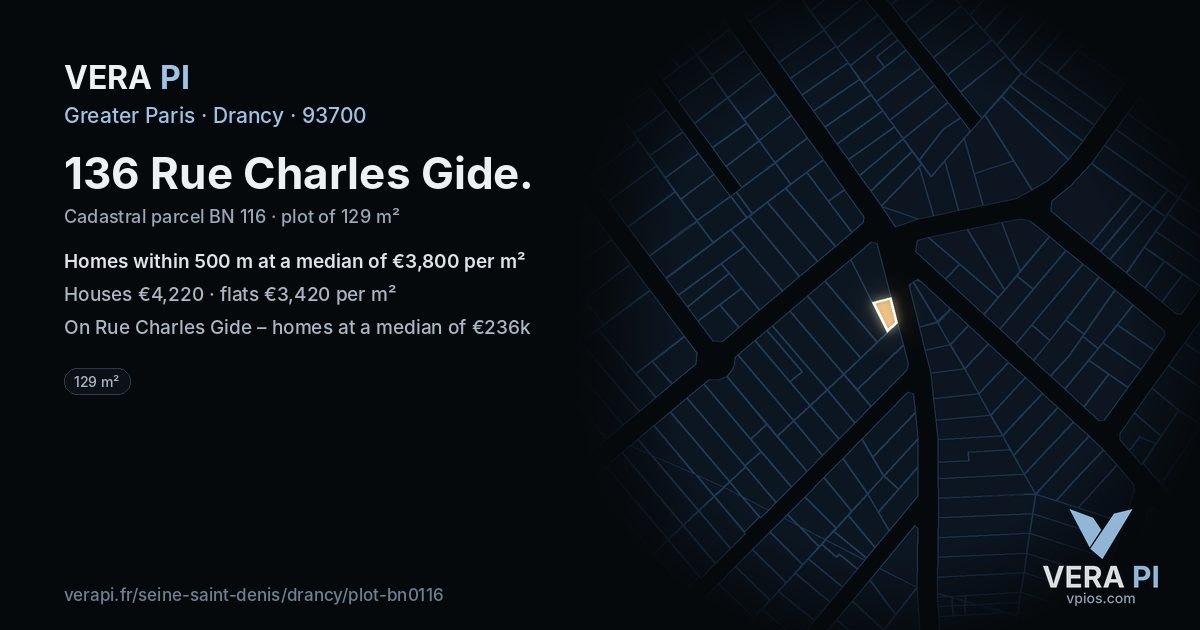 136 Rue Charles Gide, Drancy at night – the plot lit, the parcels around coloured by the prices near them