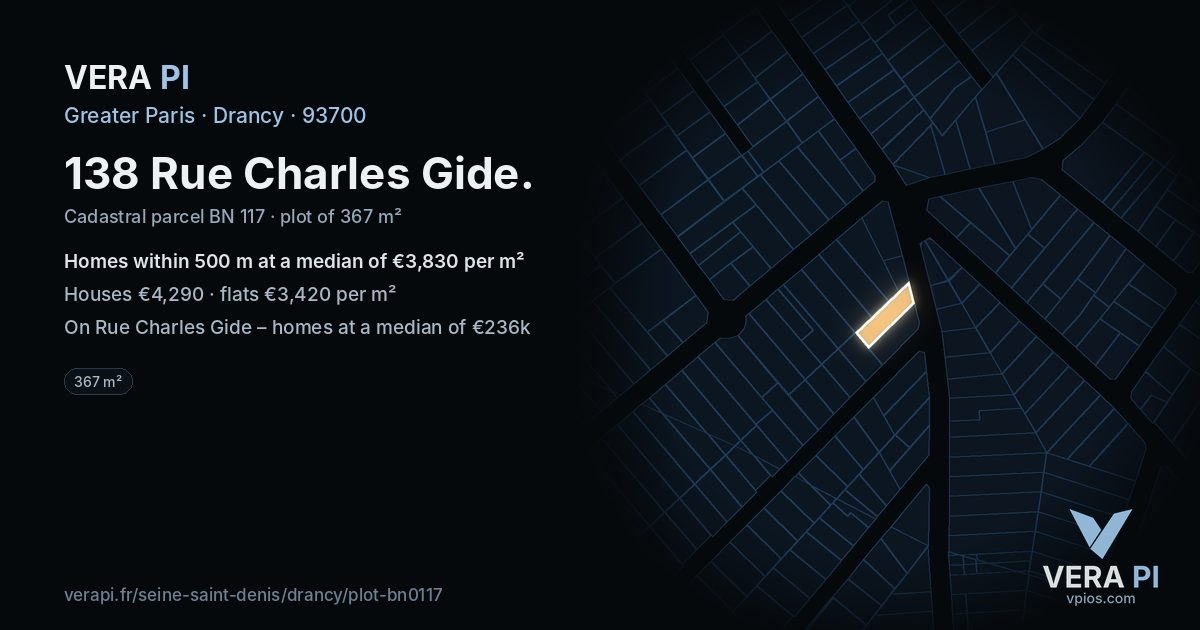 138 Rue Charles Gide, Drancy at night – the plot lit, the parcels around coloured by the prices near them