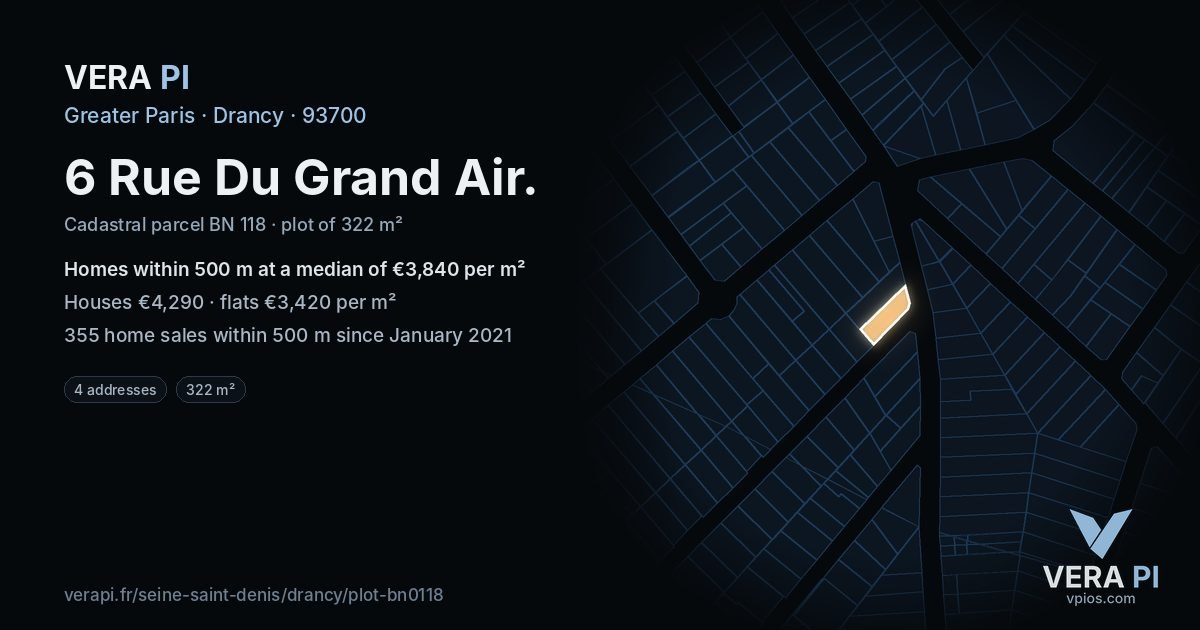 6 Rue Du Grand Air, Drancy at night – the plot lit, the parcels around coloured by the prices near them
