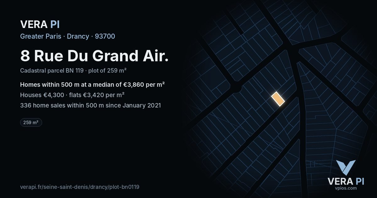 8 Rue Du Grand Air, Drancy at night – the plot lit, the parcels around coloured by the prices near them