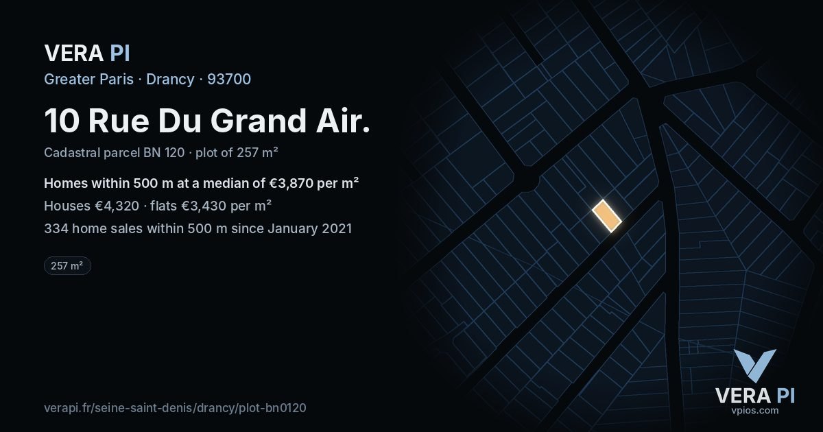 10 Rue Du Grand Air, Drancy at night – the plot lit, the parcels around coloured by the prices near them