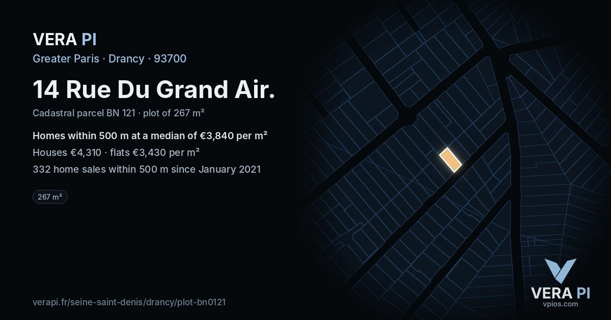 14 Rue Du Grand Air, Drancy at night – the plot lit, the parcels around coloured by the prices near them