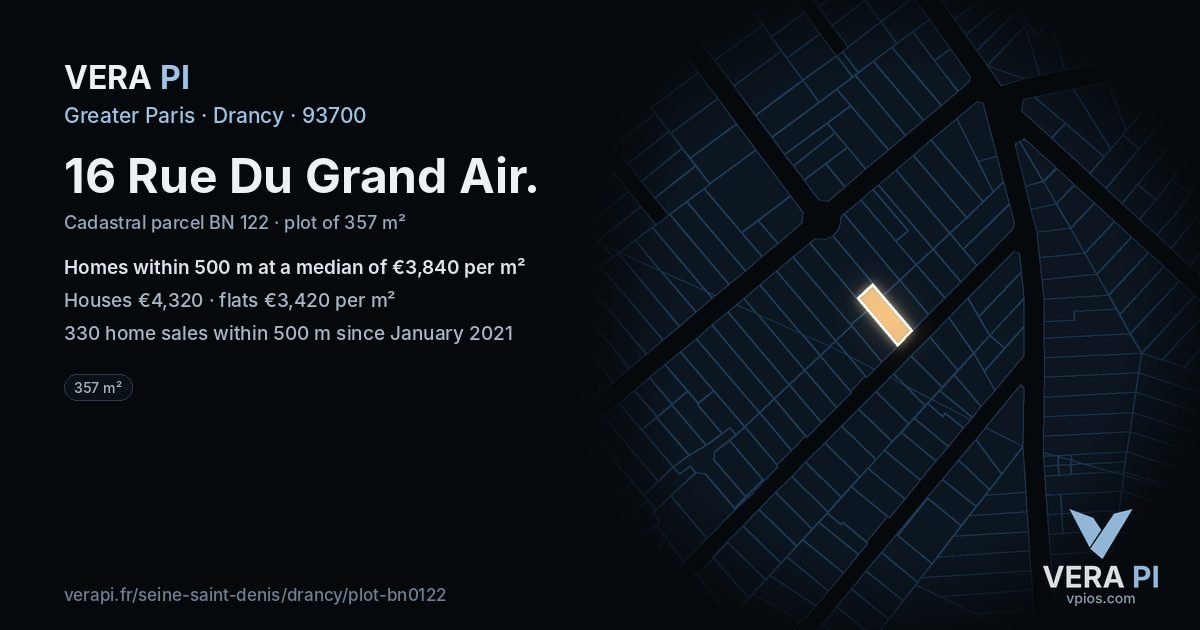 16 Rue Du Grand Air, Drancy at night – the plot lit, the parcels around coloured by the prices near them