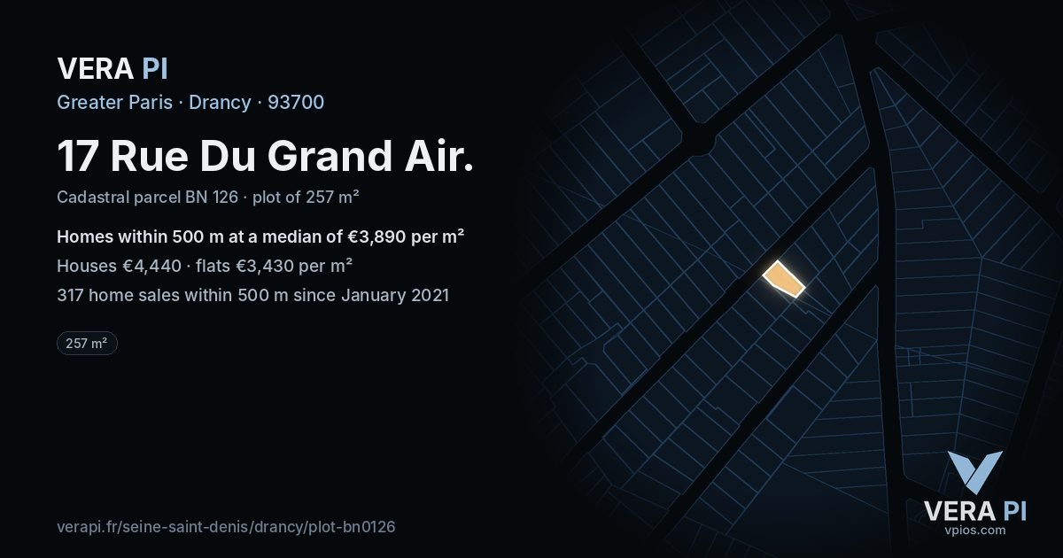 17 Rue Du Grand Air, Drancy at night – the plot lit, the parcels around coloured by the prices near them