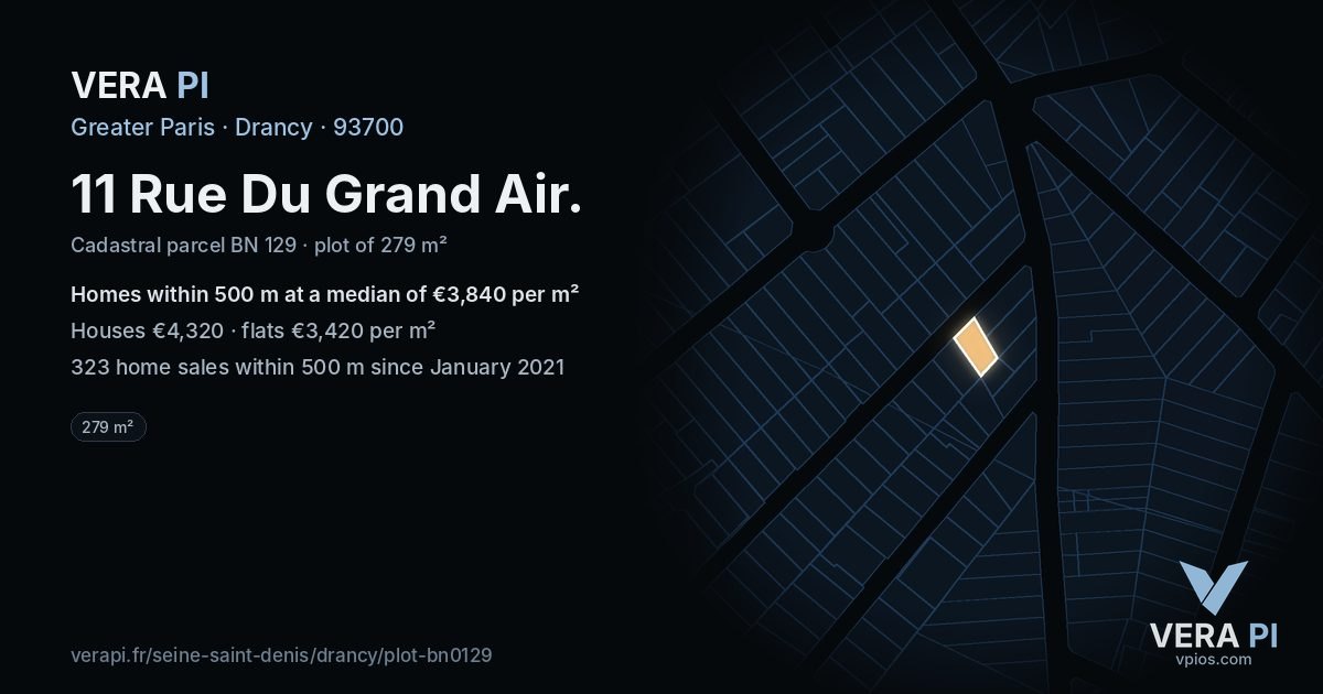 11 Rue Du Grand Air, Drancy at night – the plot lit, the parcels around coloured by the prices near them