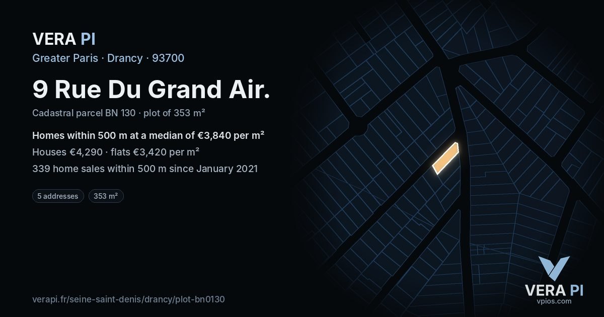 9 Rue Du Grand Air, Drancy at night – the plot lit, the parcels around coloured by the prices near them