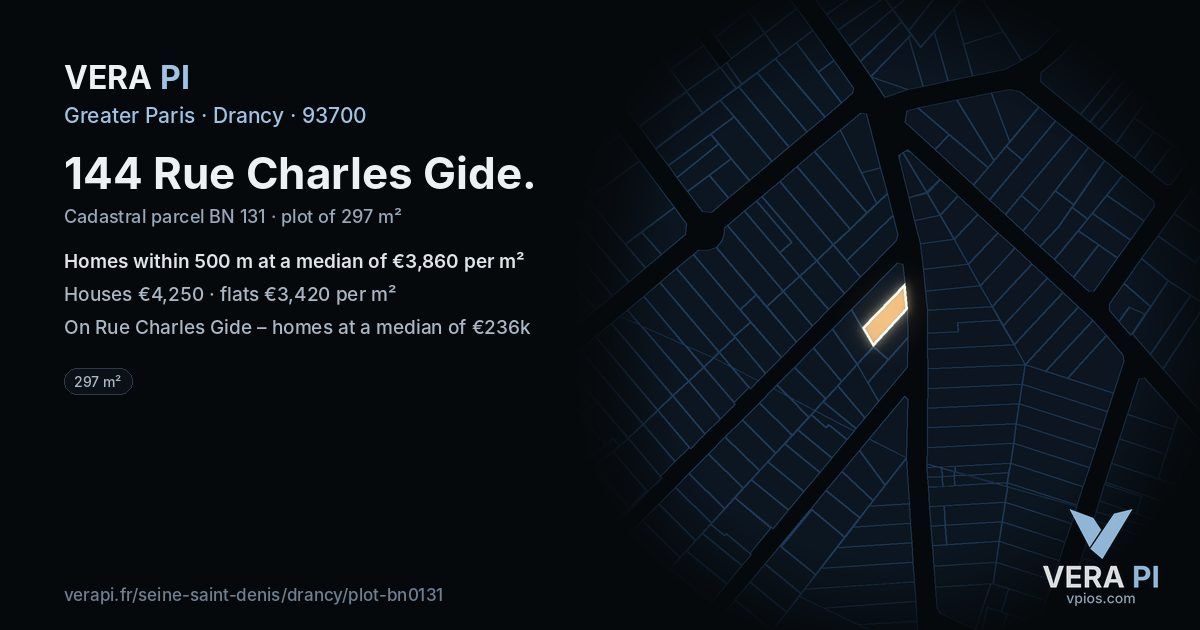 144 Rue Charles Gide, Drancy at night – the plot lit, the parcels around coloured by the prices near them