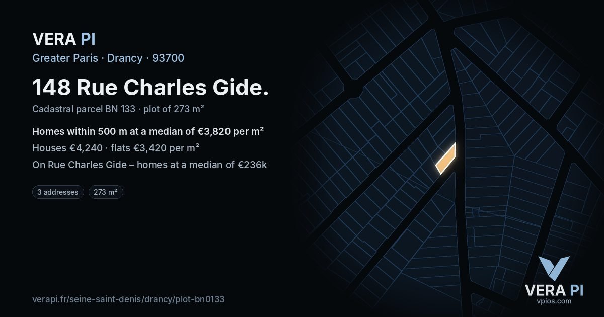 148 Rue Charles Gide, Drancy at night – the plot lit, the parcels around coloured by the prices near them