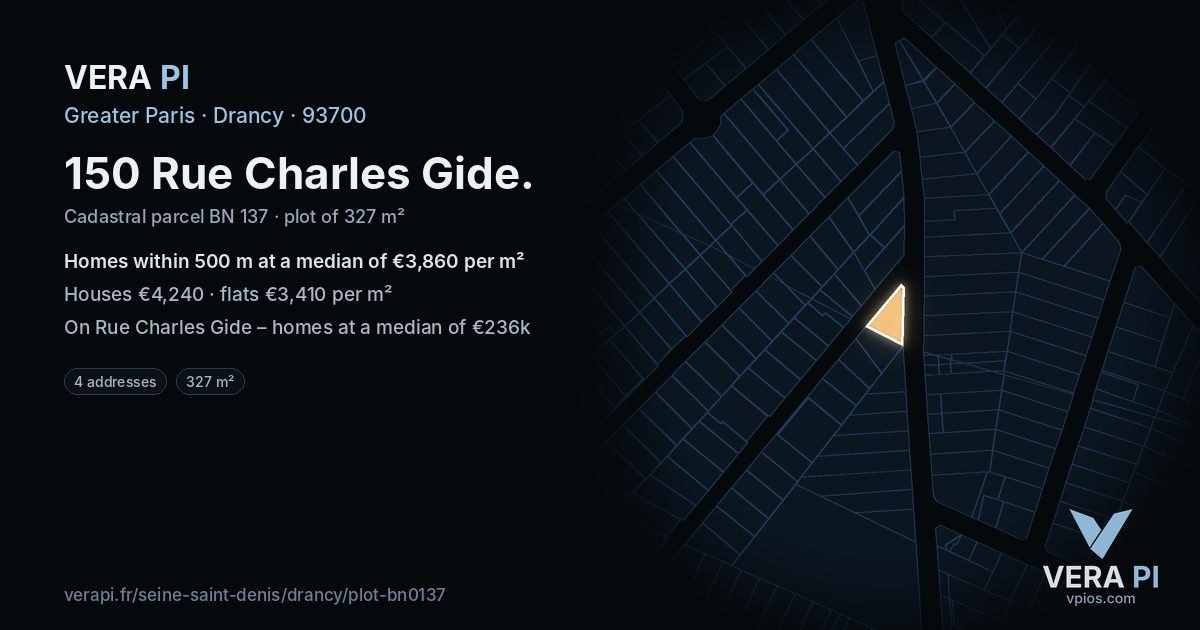 150 Rue Charles Gide, Drancy at night – the plot lit, the parcels around coloured by the prices near them