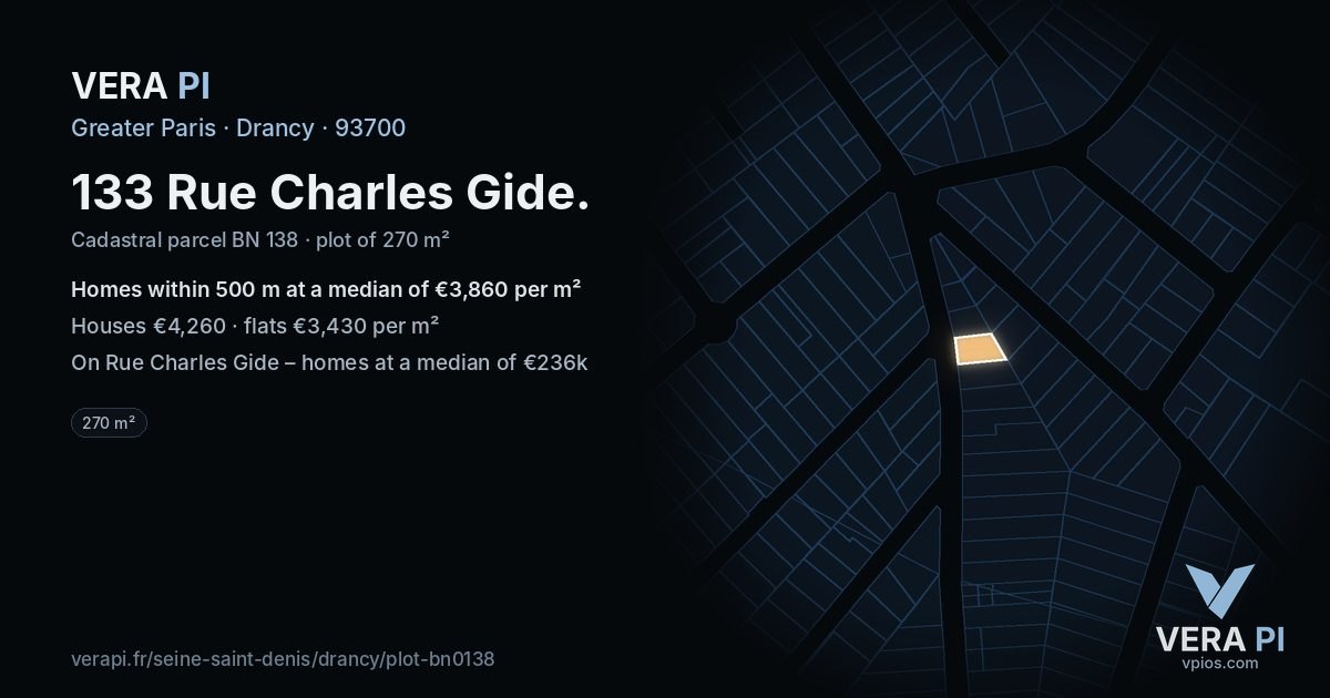 133 Rue Charles Gide, Drancy at night – the plot lit, the parcels around coloured by the prices near them