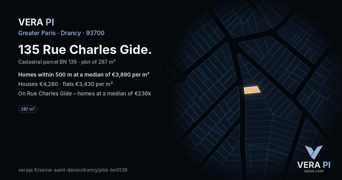 135 Rue Charles Gide, Drancy at night – the plot lit, the parcels around coloured by the prices near them