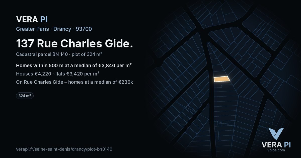 137 Rue Charles Gide, Drancy at night – the plot lit, the parcels around coloured by the prices near them