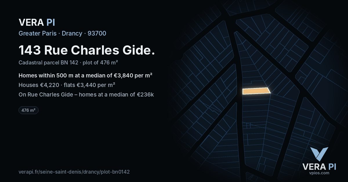 143 Rue Charles Gide, Drancy at night – the plot lit, the parcels around coloured by the prices near them