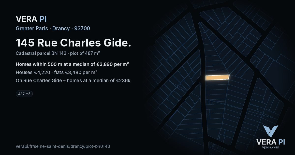 145 Rue Charles Gide, Drancy at night – the plot lit, the parcels around coloured by the prices near them