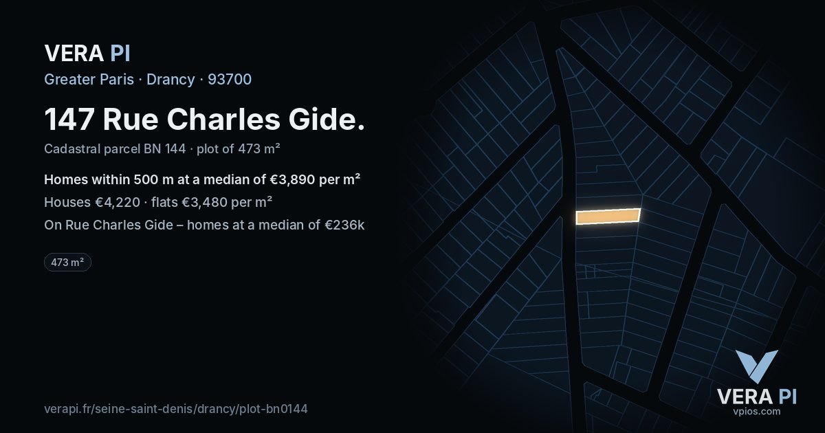 147 Rue Charles Gide, Drancy at night – the plot lit, the parcels around coloured by the prices near them