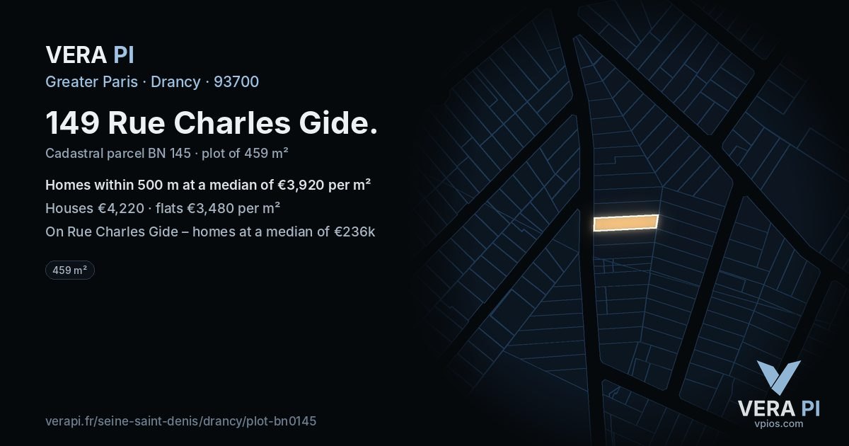 149 Rue Charles Gide, Drancy at night – the plot lit, the parcels around coloured by the prices near them