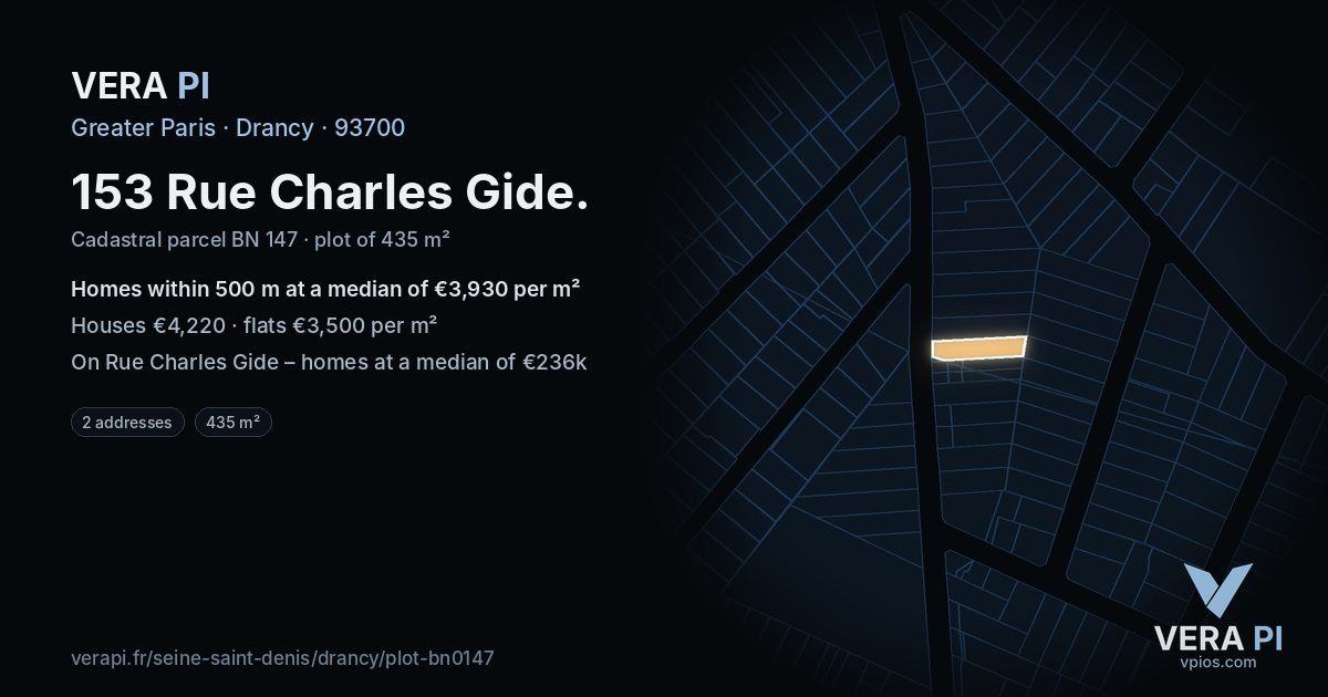 153 Rue Charles Gide, Drancy at night – the plot lit, the parcels around coloured by the prices near them