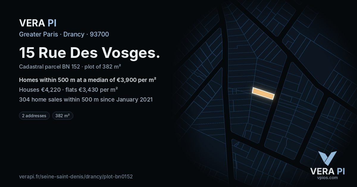 15 Rue Des Vosges, Drancy at night – the plot lit, the parcels around coloured by the prices near them
