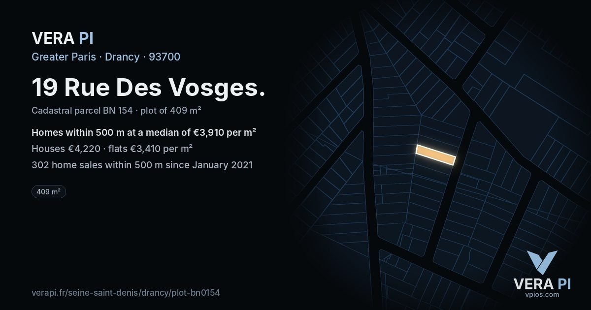 19 Rue Des Vosges, Drancy at night – the plot lit, the parcels around coloured by the prices near them