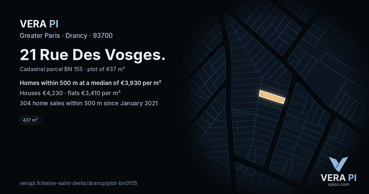 21 Rue Des Vosges, Drancy at night – the plot lit, the parcels around coloured by the prices near them