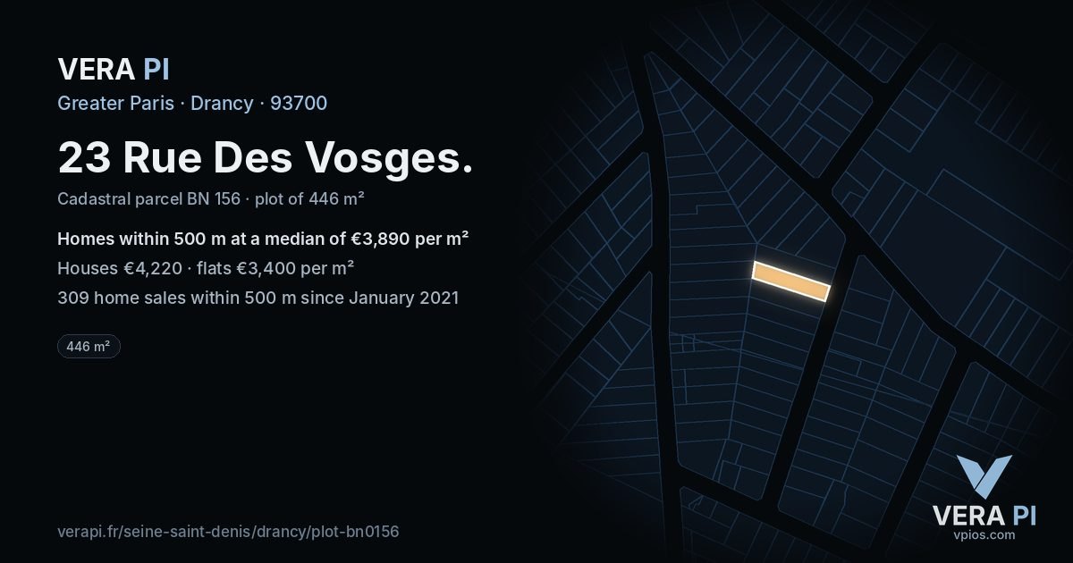 23 Rue Des Vosges, Drancy at night – the plot lit, the parcels around coloured by the prices near them