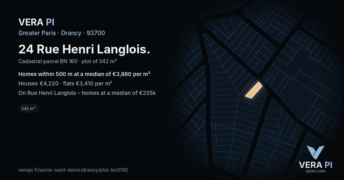 24 Rue Henri Langlois, Drancy at night – the plot lit, the parcels around coloured by the prices near them
