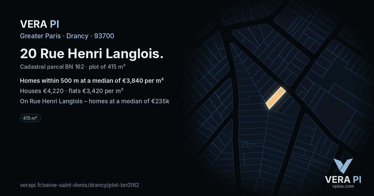 20 Rue Henri Langlois, Drancy at night – the plot lit, the parcels around coloured by the prices near them