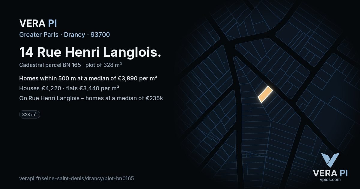 14 Rue Henri Langlois, Drancy at night – the plot lit, the parcels around coloured by the prices near them