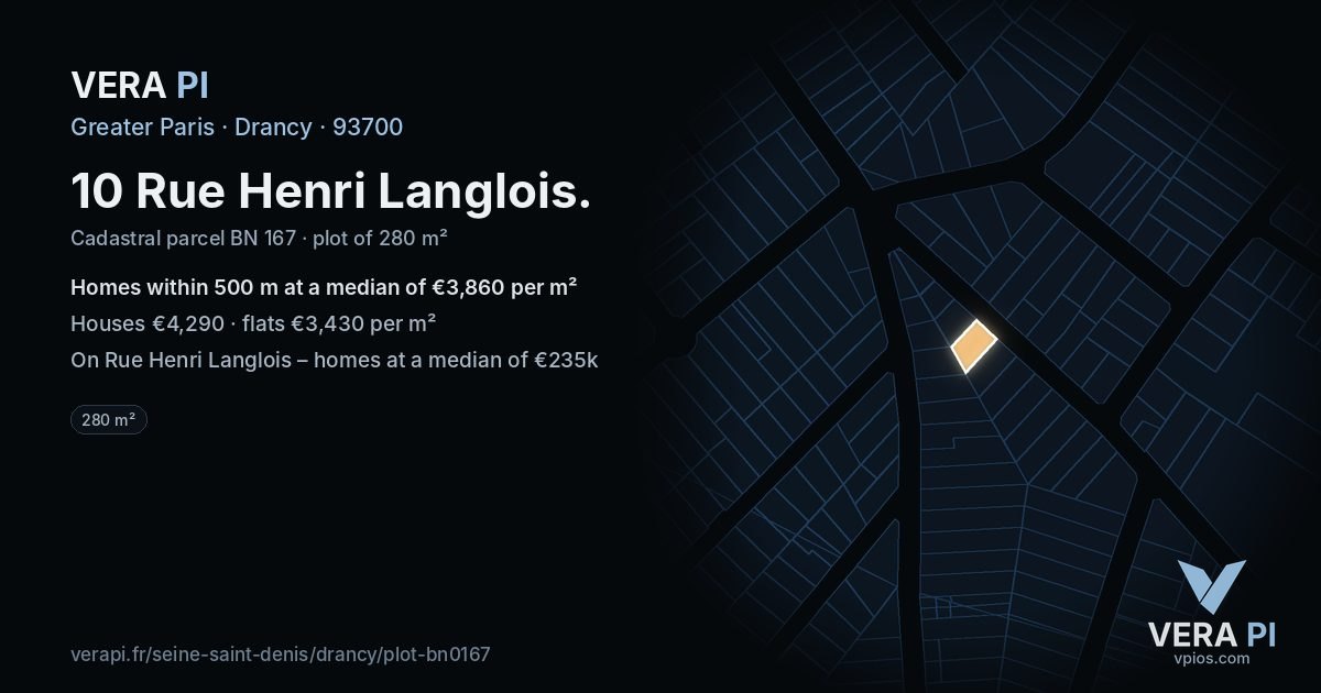10 Rue Henri Langlois, Drancy at night – the plot lit, the parcels around coloured by the prices near them