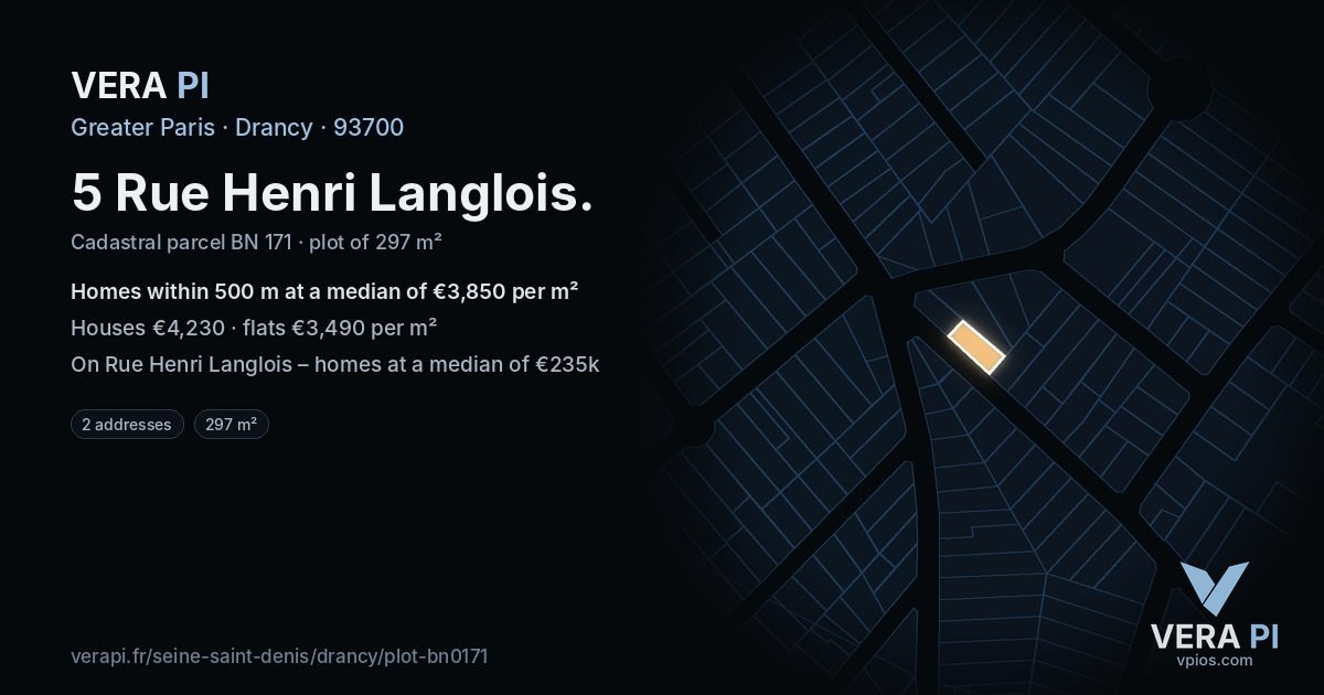 5 Rue Henri Langlois, Drancy at night – the plot lit, the parcels around coloured by the prices near them