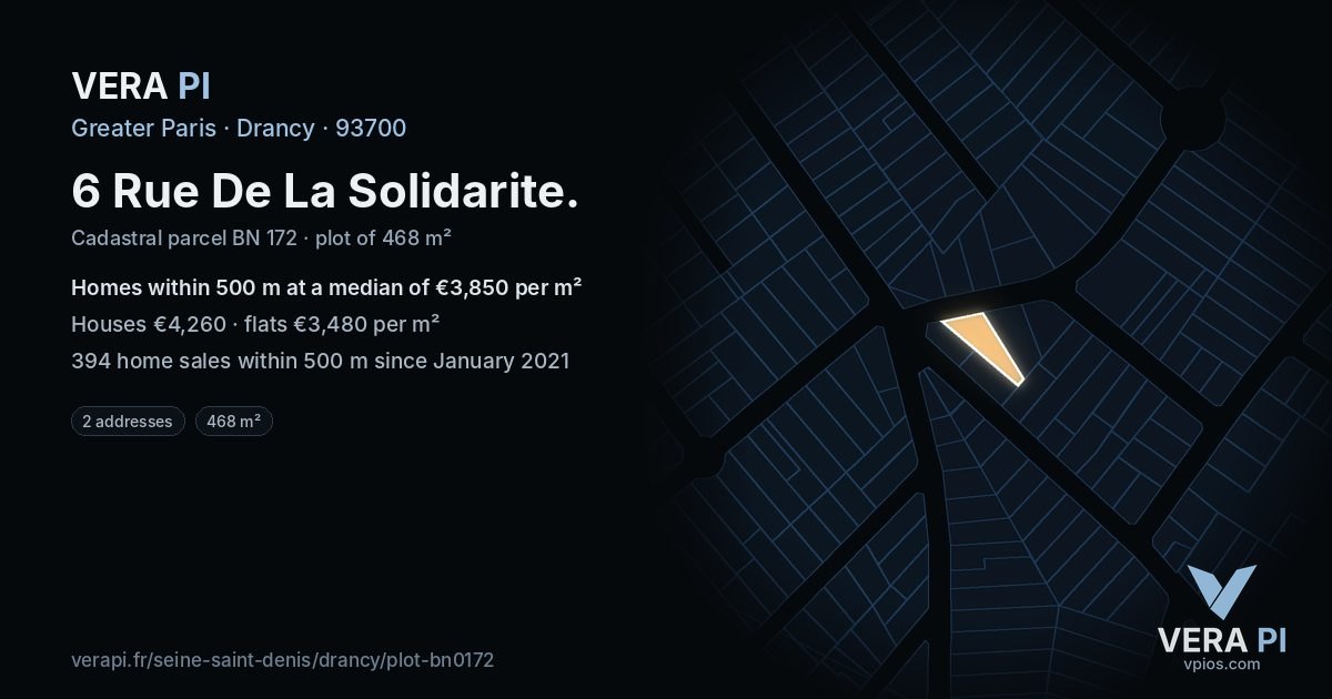6 Rue De La Solidarite, Drancy at night – the plot lit, the parcels around coloured by the prices near them