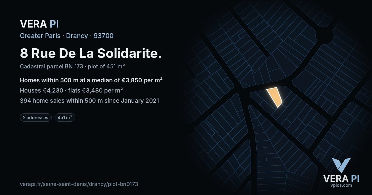 8 Rue De La Solidarite, Drancy at night – the plot lit, the parcels around coloured by the prices near them