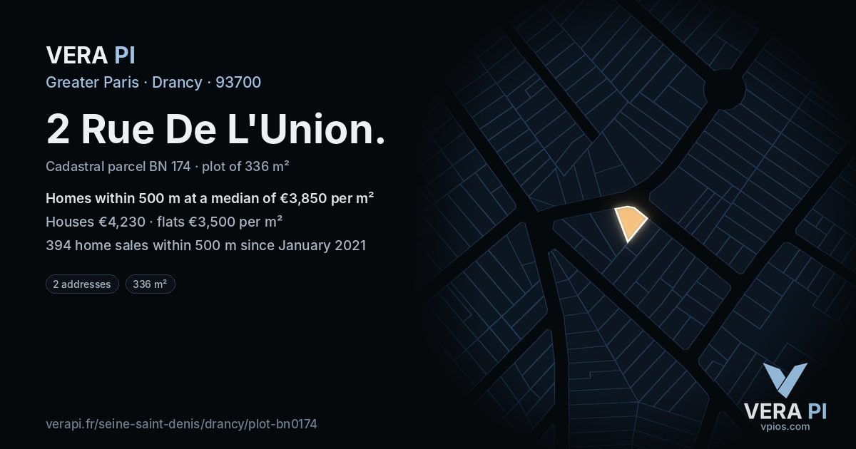 2 Rue De L'Union, Drancy at night – the plot lit, the parcels around coloured by the prices near them
